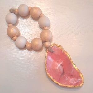 Floral Pink &  Gold Decoupage Oyster Shell Beaded Accents #960